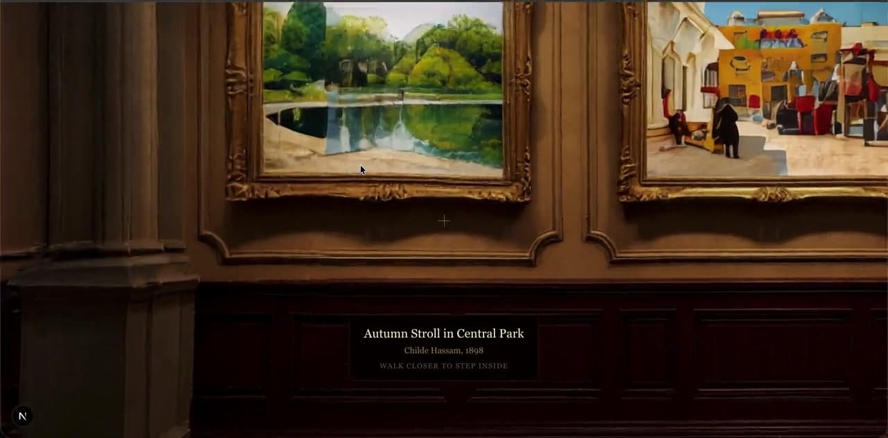 A painting beside a museum placard reading WALK CLOSER TO STEP INSIDE