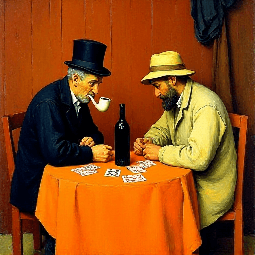 Flux.1-dev output for The Card Players: correct iconography, fully 3D figures