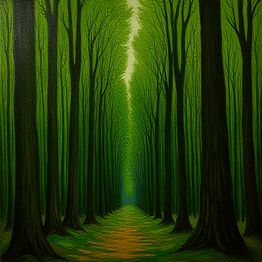 Flux.1-dev output for The Forest: flattened canopy above, a vanishing corridor below