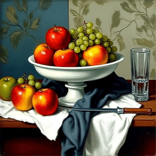 Flux.1-dev output for Fruit Bowl, Glass and Apples: smooth academic realism